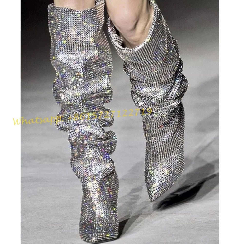 Elegant Crystal Pleated Knee High Wedge Boots for Women