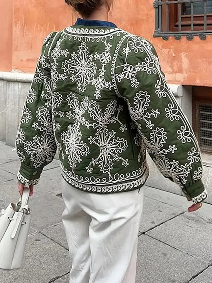 Women'S Retro Open Front Printed Embroidered Jacket, Lightweight Casual Long Sleeved Autumn Street Fashion Cardigan