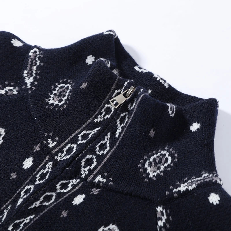 Vintage Printed Knit Stand Collar Zip Cardigan for Women