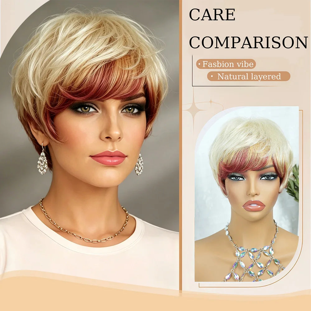 Ombre Blonde Burgundy Layered Human Hair Wig With Bangs for Women