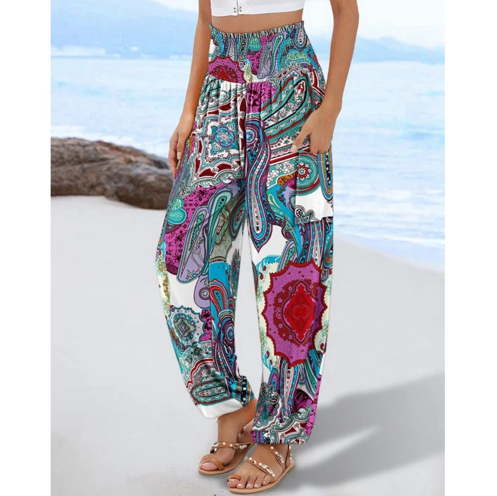 Women's High Waist Floral Print Pocket Cuffed Pants – Casual Sporty Streetwear Trousers with Shirring Elastic Waist