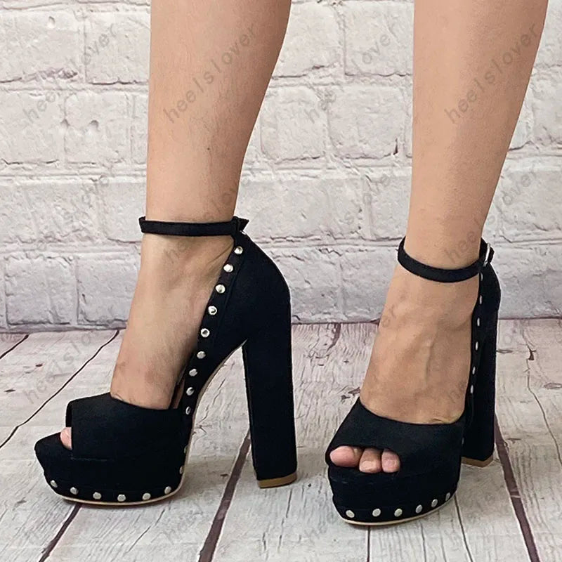 Black Studded Platform Sandals With Chunky Heels For Women
