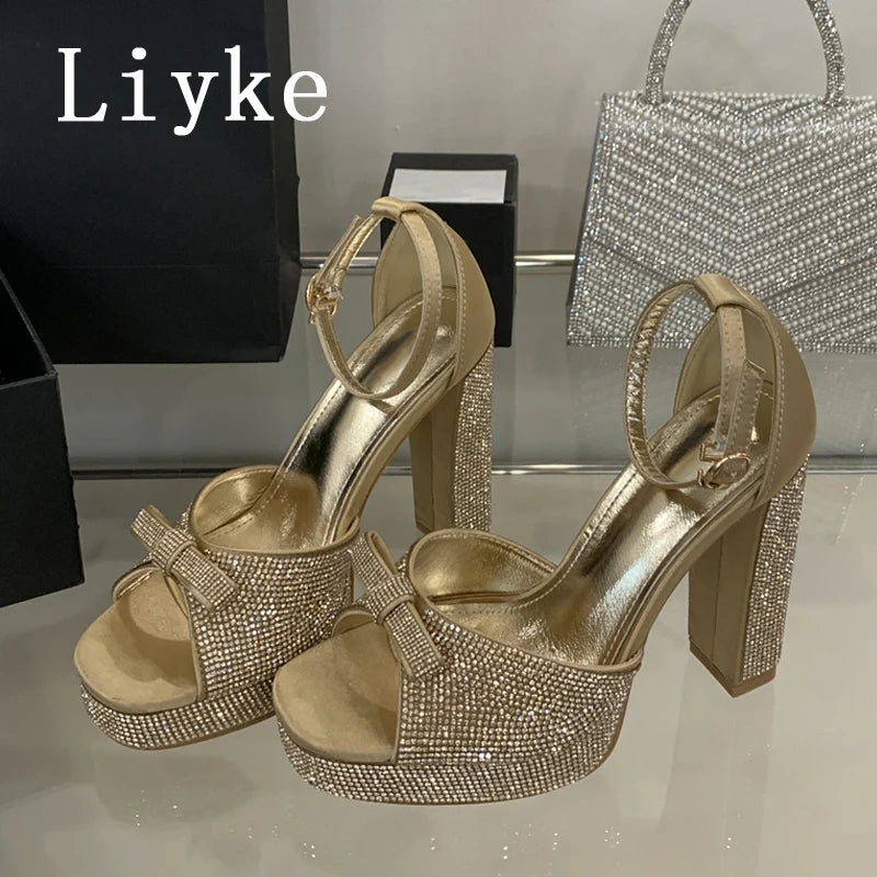 Crystal Bowknot Open Toe Platform Sandals for Women