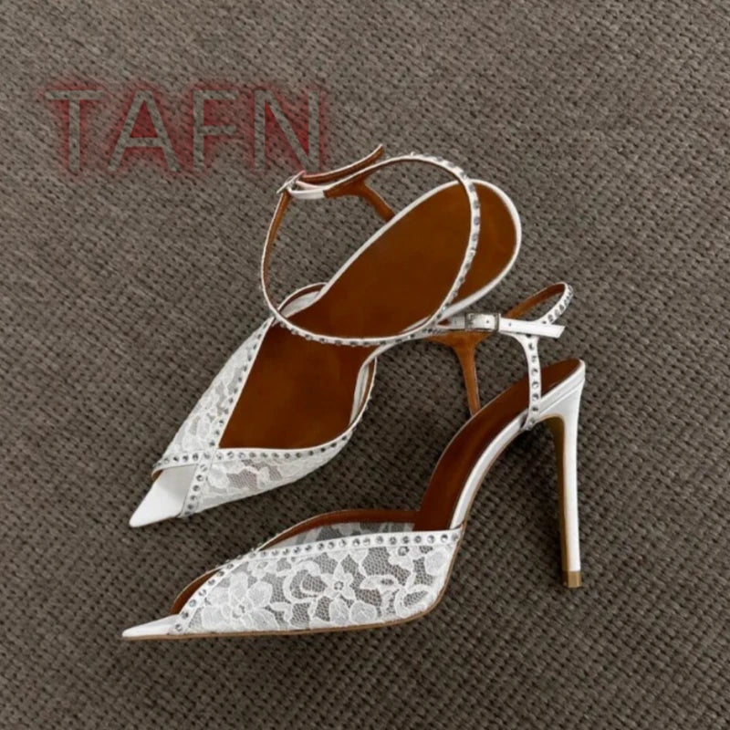 White Rhinestone Lace Sandals With Ankle Buckle for Women