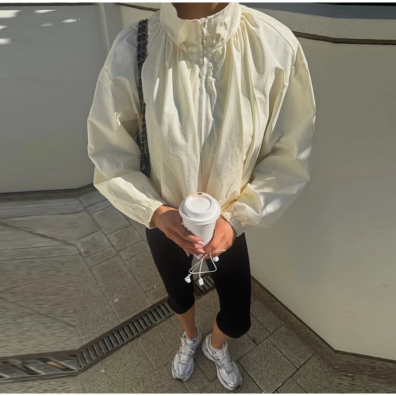 Zip Up High Neck Puff Sleeve Cropped Jacket For Women