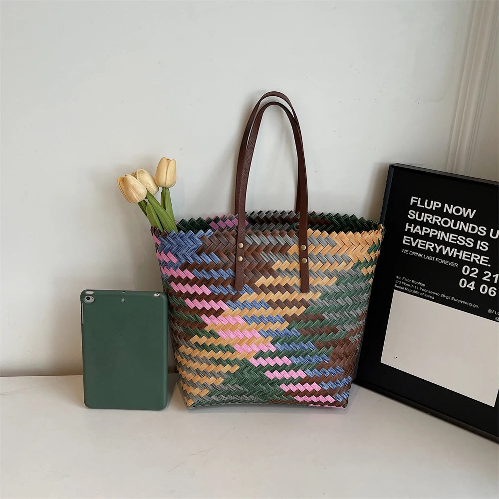 Colorful Braided PVC Tote Bag for Women With Large Capacity