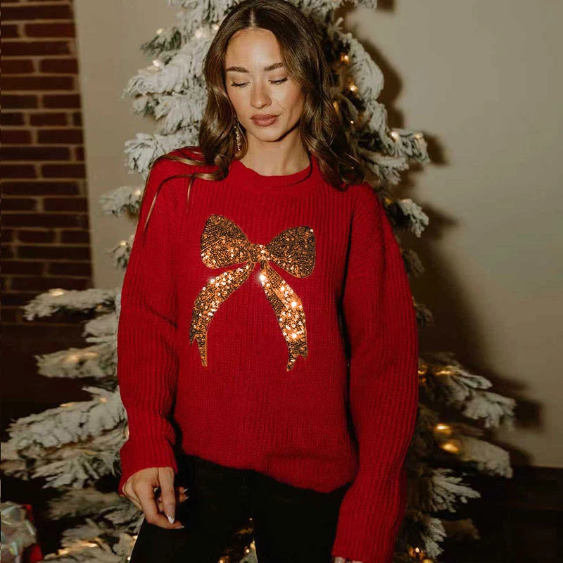 Casual Bow Print Knit Texture Long Sleeve Sweater for Women
