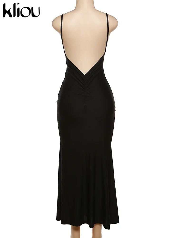 Shiny Spaghetti Strap Backless Ruched Maxi Dress for Women