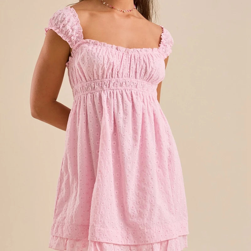 Summer Eyelet Ruffle Hem Babydoll Mini A-Line Dress for Women