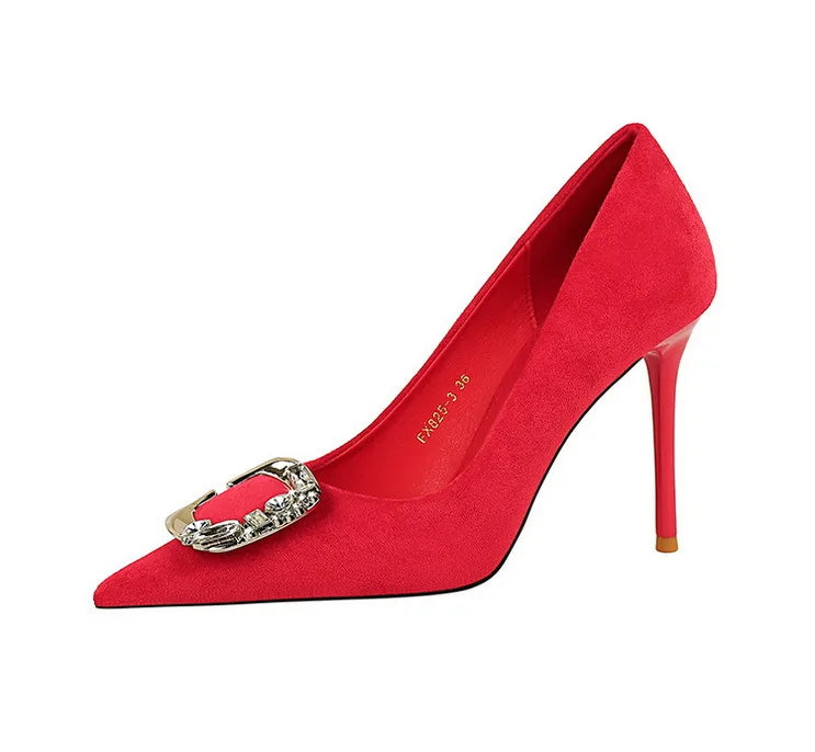 Elegant Rhinestone Buckle Suede High Heel Pumps for Women