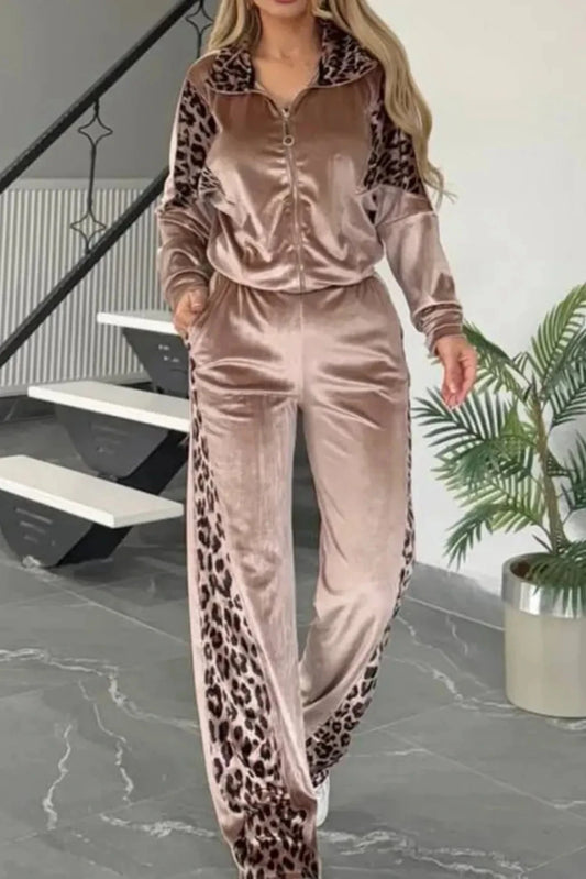 Leopard Print 2 Pieces Pants Set Turn-down Collar Zip Front Long Sleeve Top and Casual Wide Leg Pants Set
