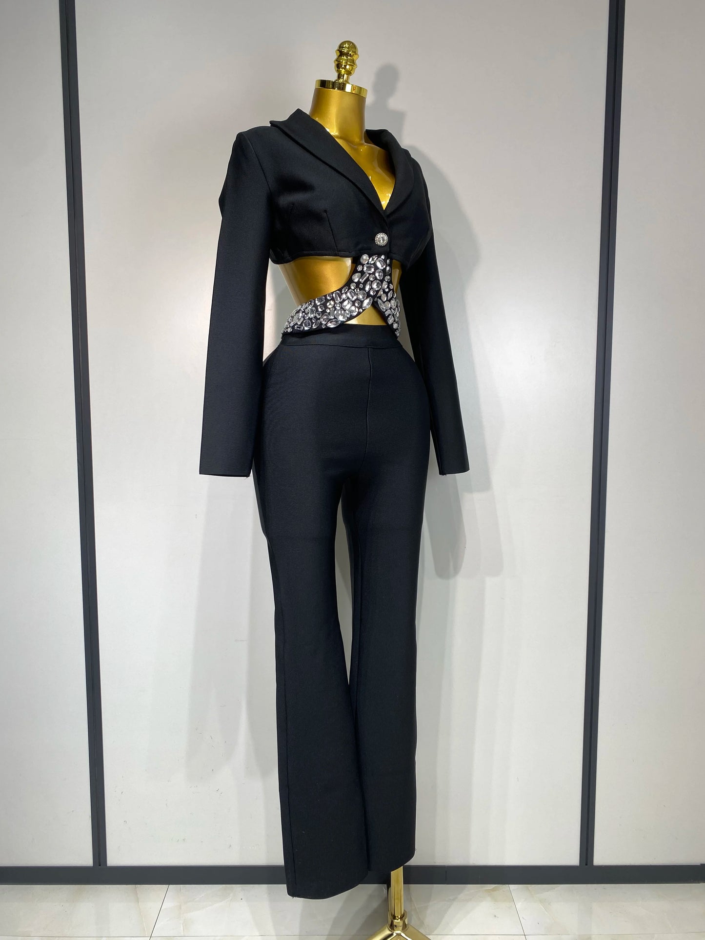 Women Sexy Long Sleeve Beading Bodycon Two Pieces Pants Bandage Set 2025 Celebrity Designer Fashion Women's Luxury Birthday Set