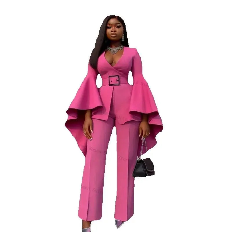 Pink Cotton Classic Two Piece Suit With Wide Sleeve Pants For Women
