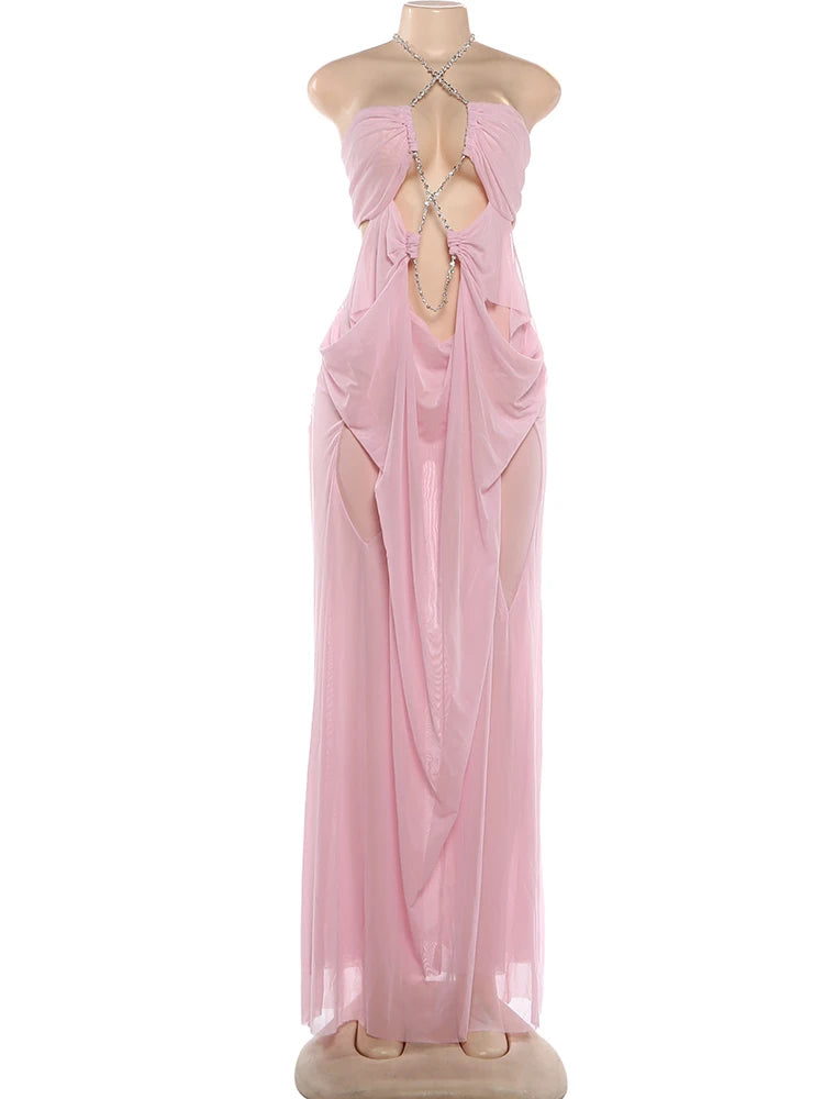 See-Through Halter Chain With Sleeveless Low-Neck Backless Gown for Women