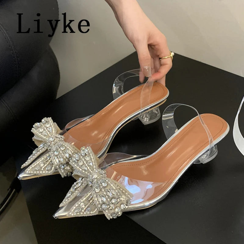 Crystal Bowknot Clear Pointed Toe Pumps for Women Wedding