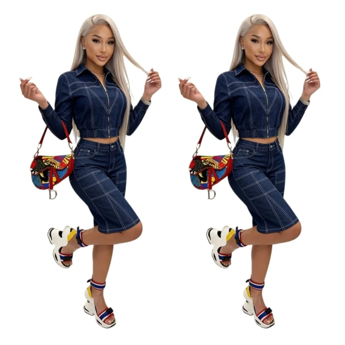 Casual Streetwear Denim Jacket and Shorts Set for Women