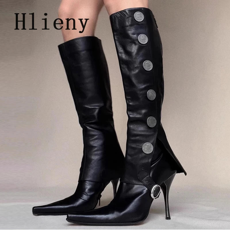 Button Detail Pointed Toe Knee High Boots for Women