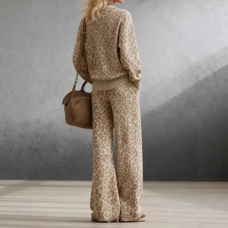 Vintage Leopard Print 2 Piece Sets Woman Elegant O Neck Sweatshirt & Wide Leg Trousers Suit Fall Winter Long Sleeve Loose Outfit