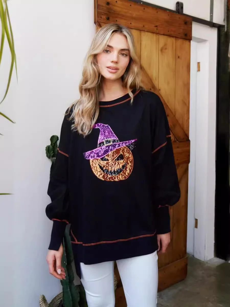 Halloween  Women'S Loose Sportswear Pumpkin Print Round Neck Long Sleeved Pullover Autumn and Winter Casual Pumpkin Hoodie Top