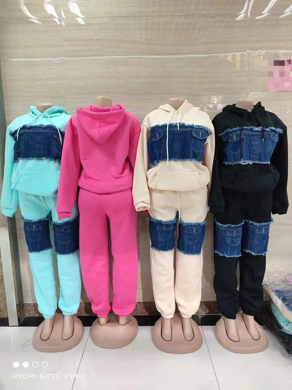Pants Set Women Two Piece Sets Hooded Matching Sets Sweatshirts Long Pants High Waist Denim Splice Y2k Casual Jogger 2025