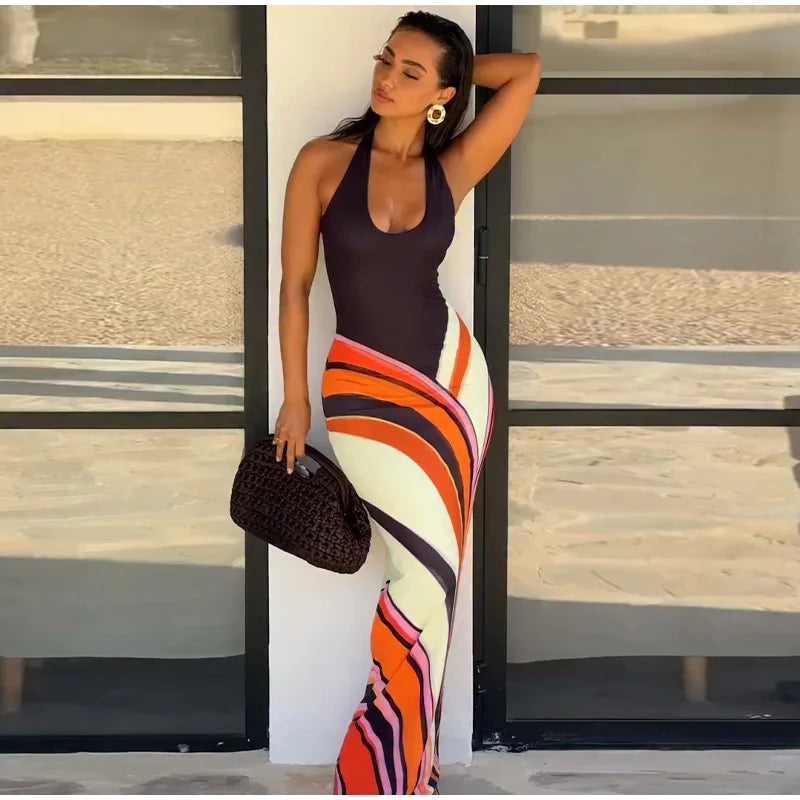 Sleeveless Backless Contrast Halter Maxi Dress for Women