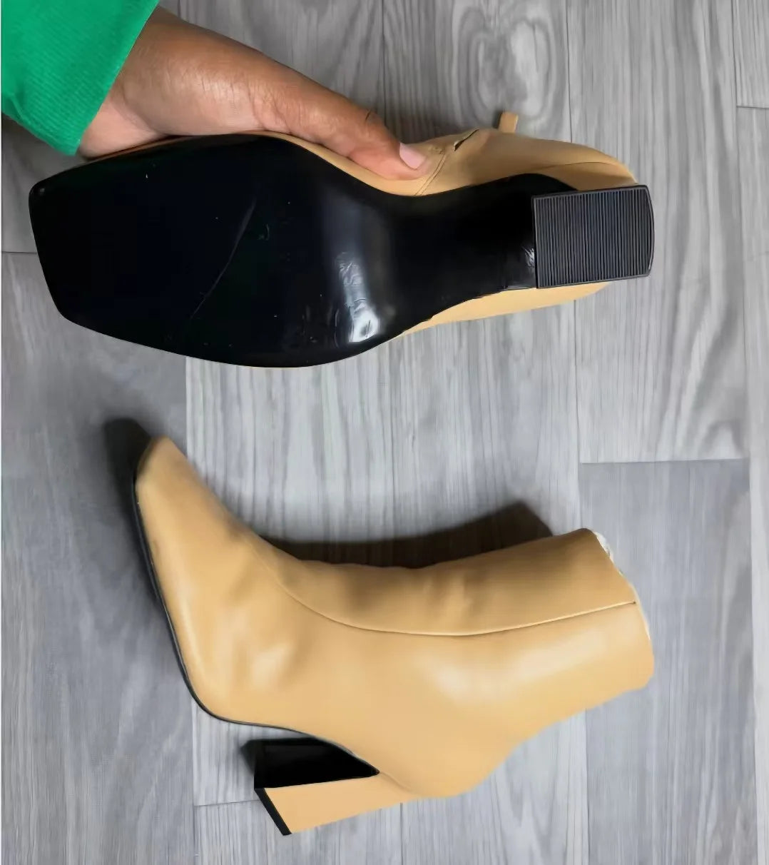 Khaki Leather Chunky Heel Ankle Boots