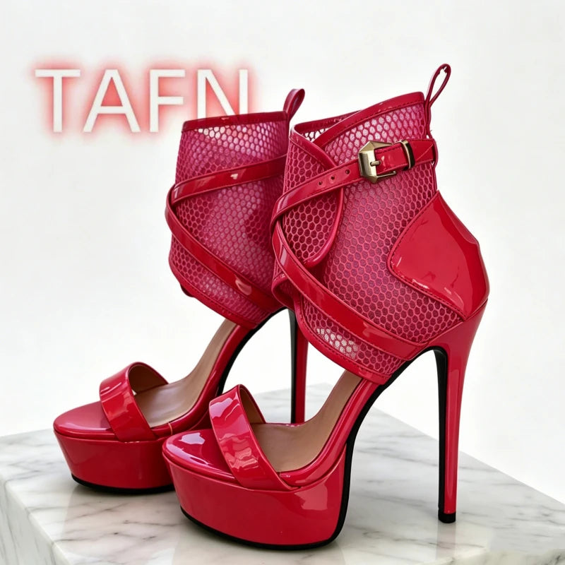 Peep Toe Mesh Caged Sandals With Patent Leather Platform Plus Size for Women
