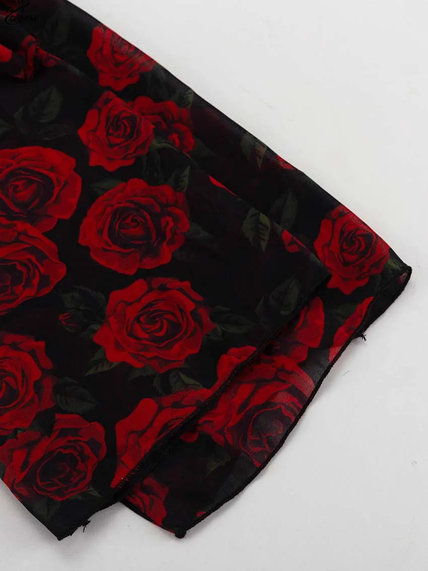 Oymimi Elegant Red Print Womens Dresses Fashion V-Neck Long Sleeve Button Dresses Casual High Waisted Ruffled Mini Dress Female