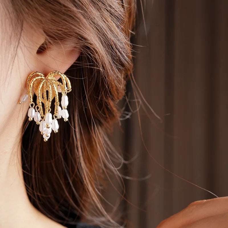 Simulated Pearl Tassel Drop Earrings