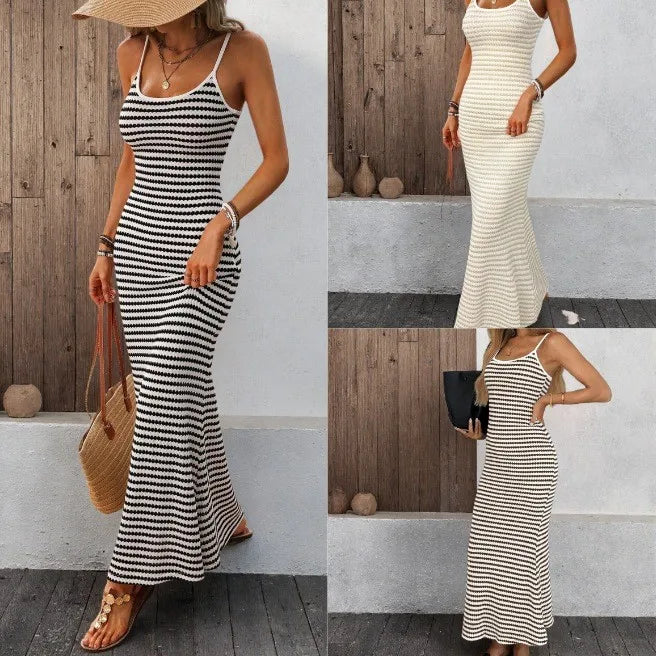 Black And White Striped Spaghetti Strap Slip Dress For Women