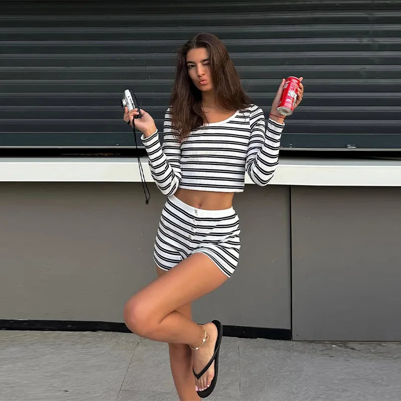 Striped Knit Top and Shorts Set with Button O Neck for Women