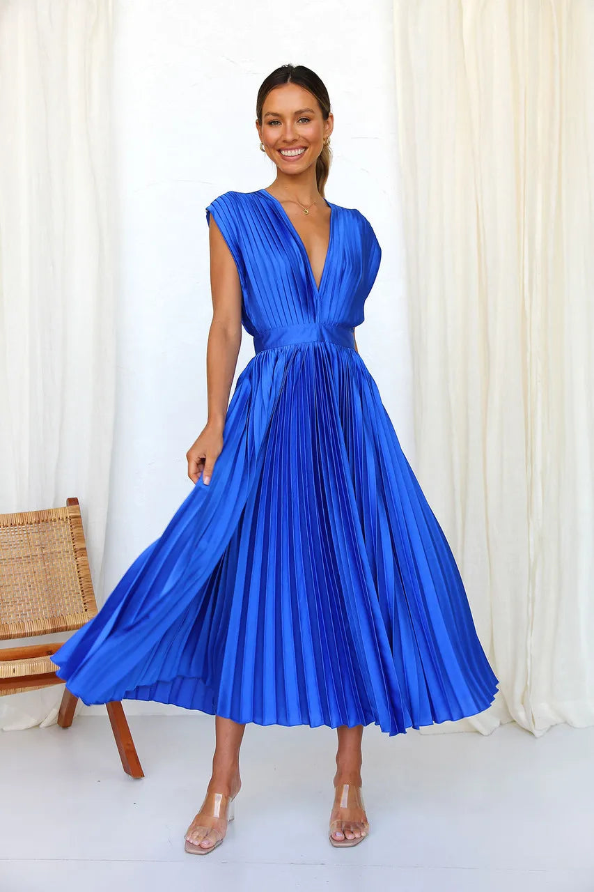Elegance Draped V-Neck Pleated Skirt Dress 2025 Women Solid Strapless Backless Patchwork Loungewear Simple Maxi Dress