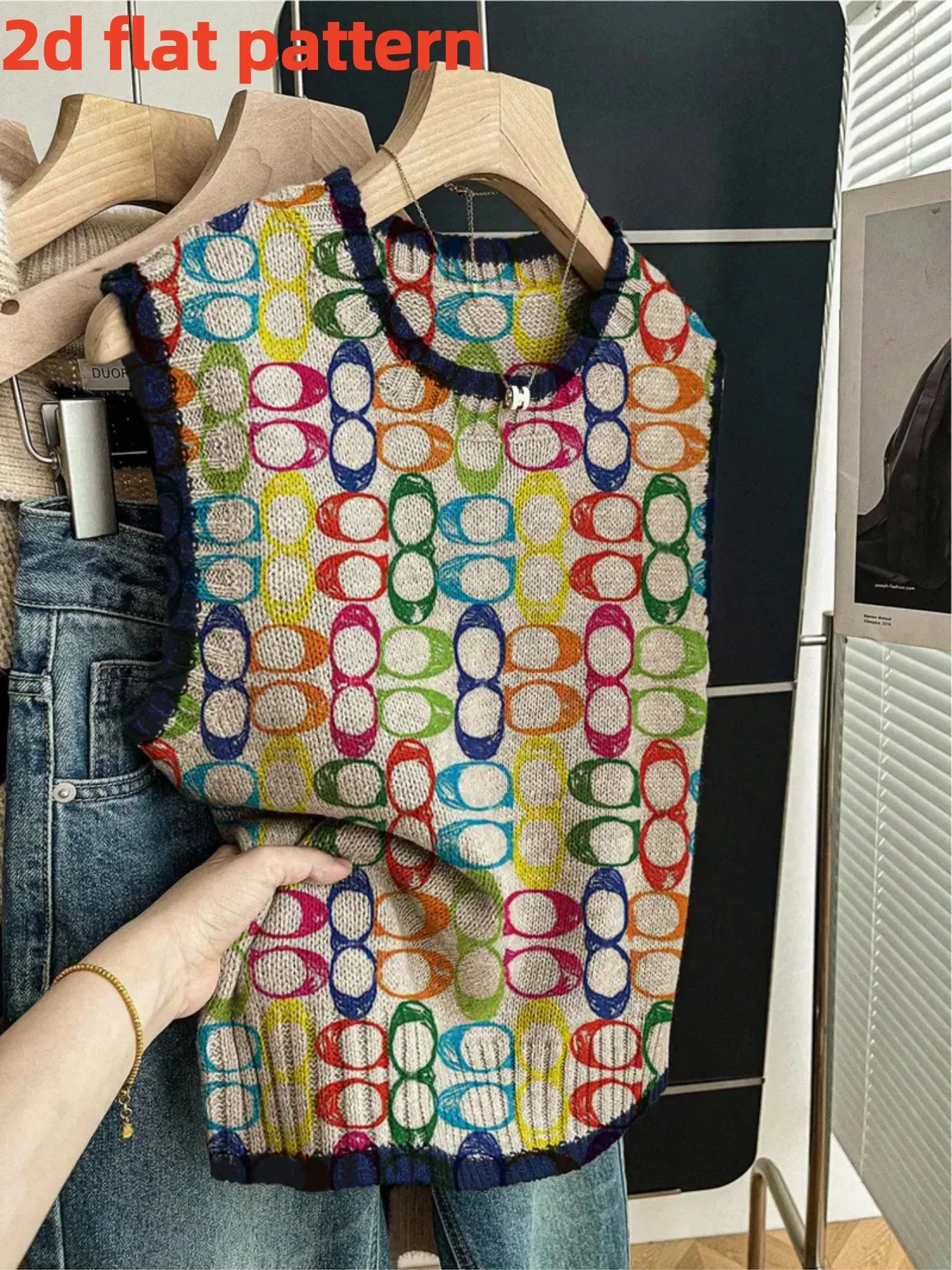 Digital Print Round Neck Four-Season Knit Vest for Women