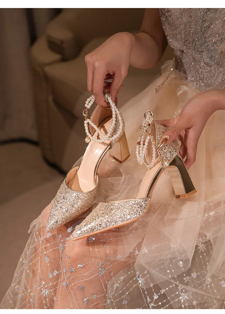 Pearl Embellished High Heel Ankle Strap Sandals for Women