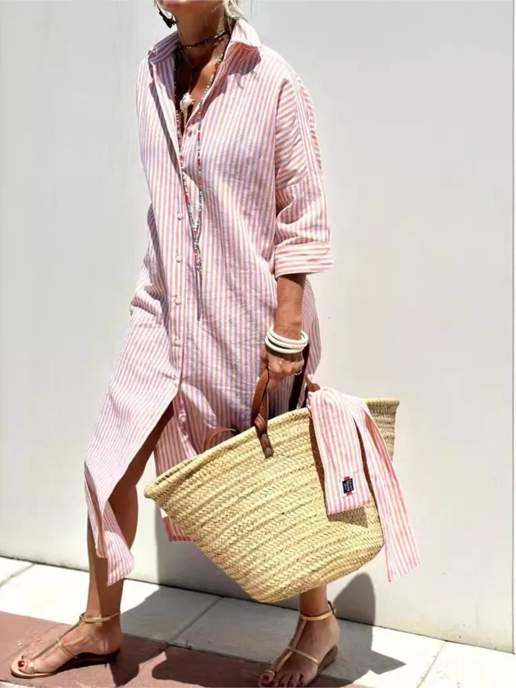 Striped Belted Ankle Length Half Sleeves Lapel Dress for Women