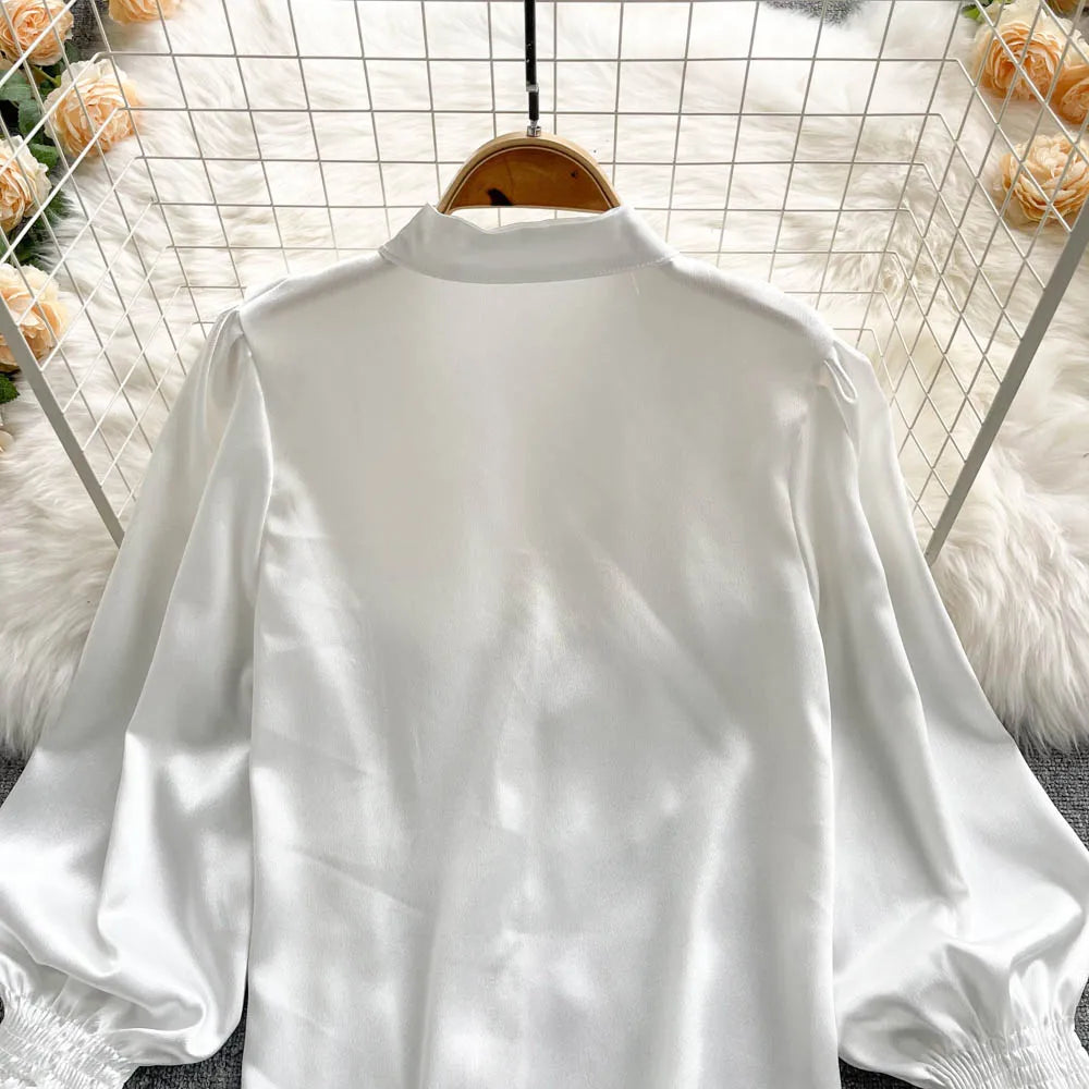 Elegant Satin Ruffle Long Sleeve Blouse for Women