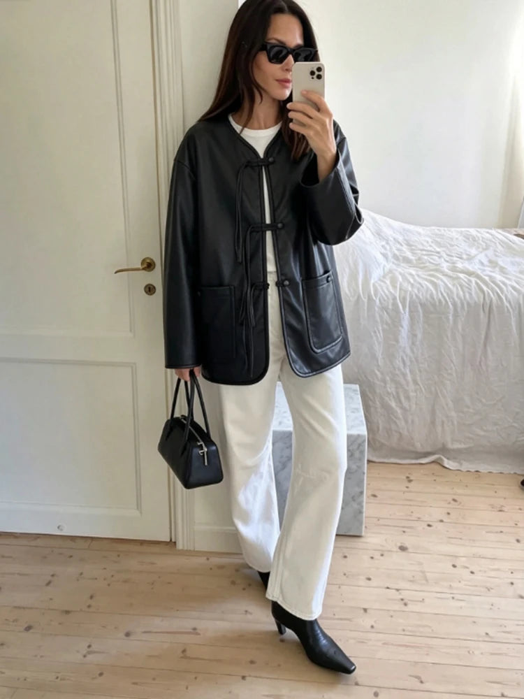Autumn Winter Pu Leather Moto Jacket With Long Sleeve for Women