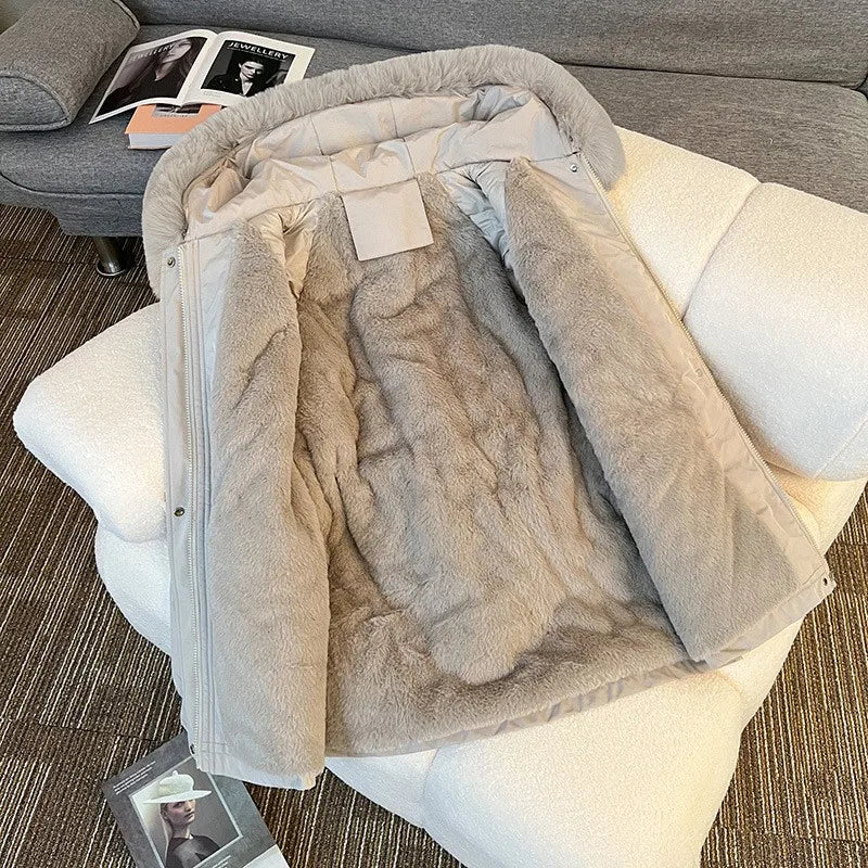 Korean Style Quilted Hooded Coat With Fur Collar For Women