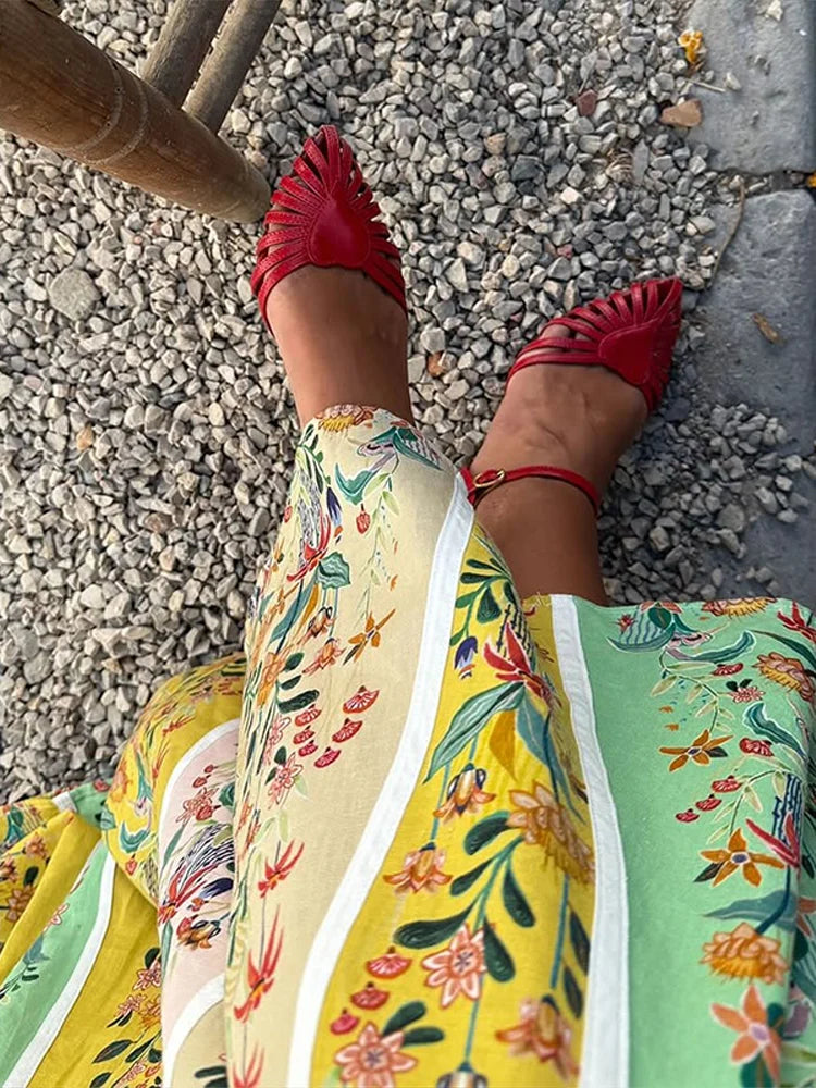 Sweetheart Neckline Floral Print Linen Blend Maxi Dress For Women