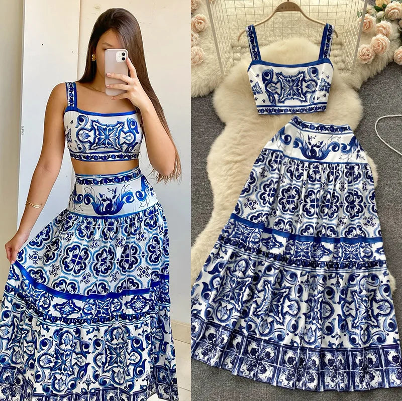 Blue and White Porcelain Print Two Piece Set for Women