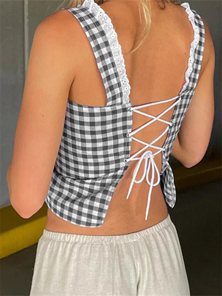Retro Plaid Button Down Lace Trim Sleeveless Tank Top for Women
