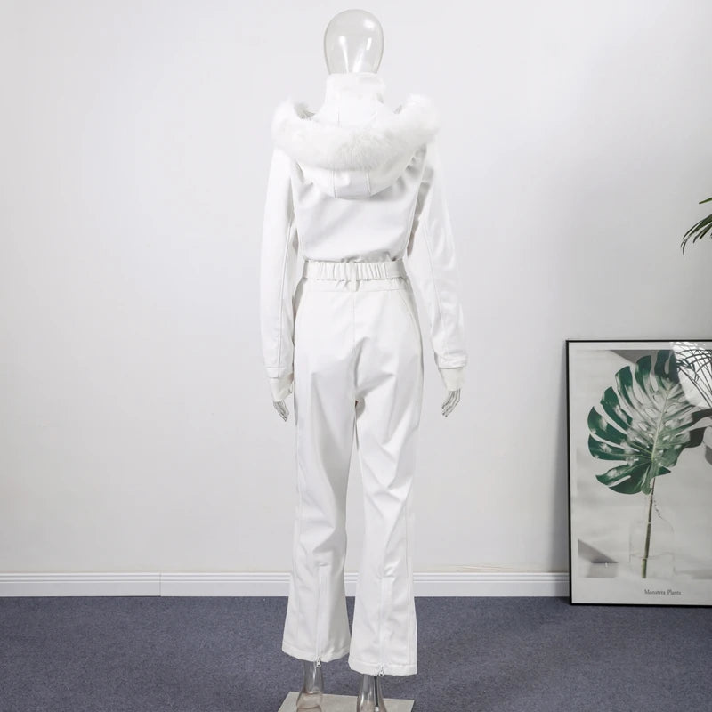 Warm Fur Trim Hooded Winter Ski Suit with Belt for Women