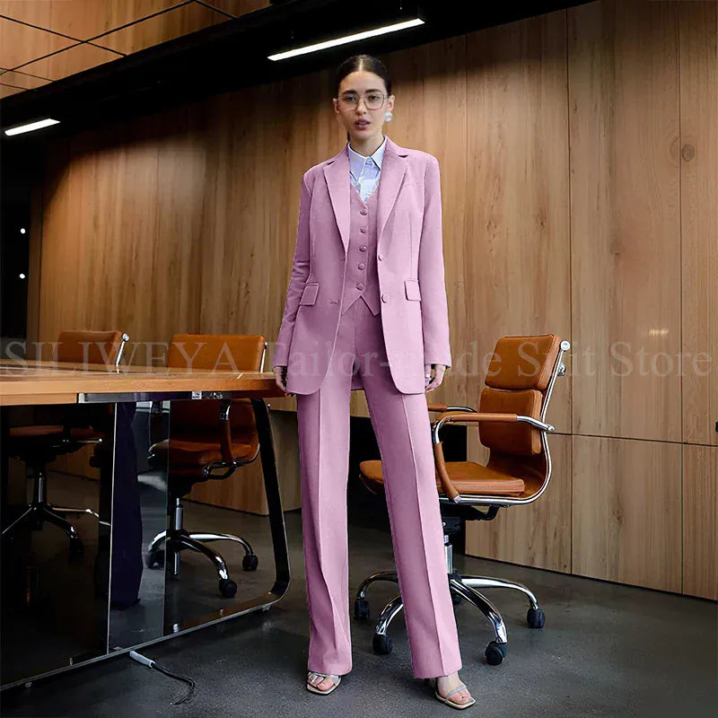 Luxury Purple Blue Women's Kit Suits 3 Piece Jacket Pants Vest Notch Lapel Female Clothing Slim Fit Smart Office Lady's Sets