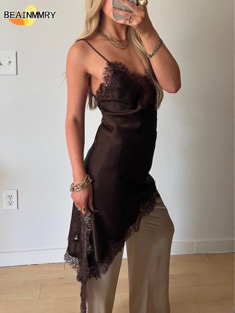 Brown Satin Lace Splicing Sling Dress Women Elegant Irregular Hem V Neck Backless Sleeveless Gown Chic Women Party Club Vestidos