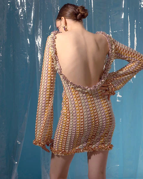 Sexy Backless Flare Sleeve Lace Knit Cut Out Party Beach Maxi Dress 2025 Summer Women Vacation Beachwear Swimsuit Cover Up A2815