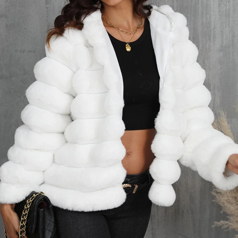 Warm Hooded Short Faux Fur Coat With Turn Down Collar for Women