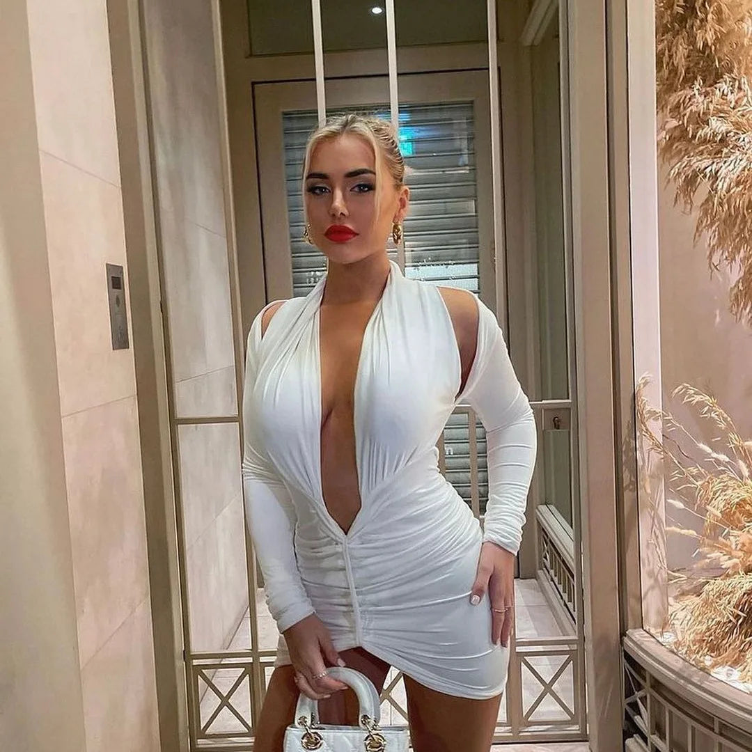 Cryptographic Deep V Neck Long Sleeve Mesh See Through Sexy Backless Mini Dress Women Club Party Elegant Ruched Dresses Clothes