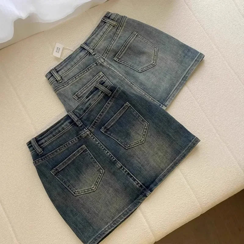 American Vintage High-Waisted Denim Skirt Fashion High Street Hot Girl Denim Half Skirt Vintage Y2k A-line Denim Skirt Women