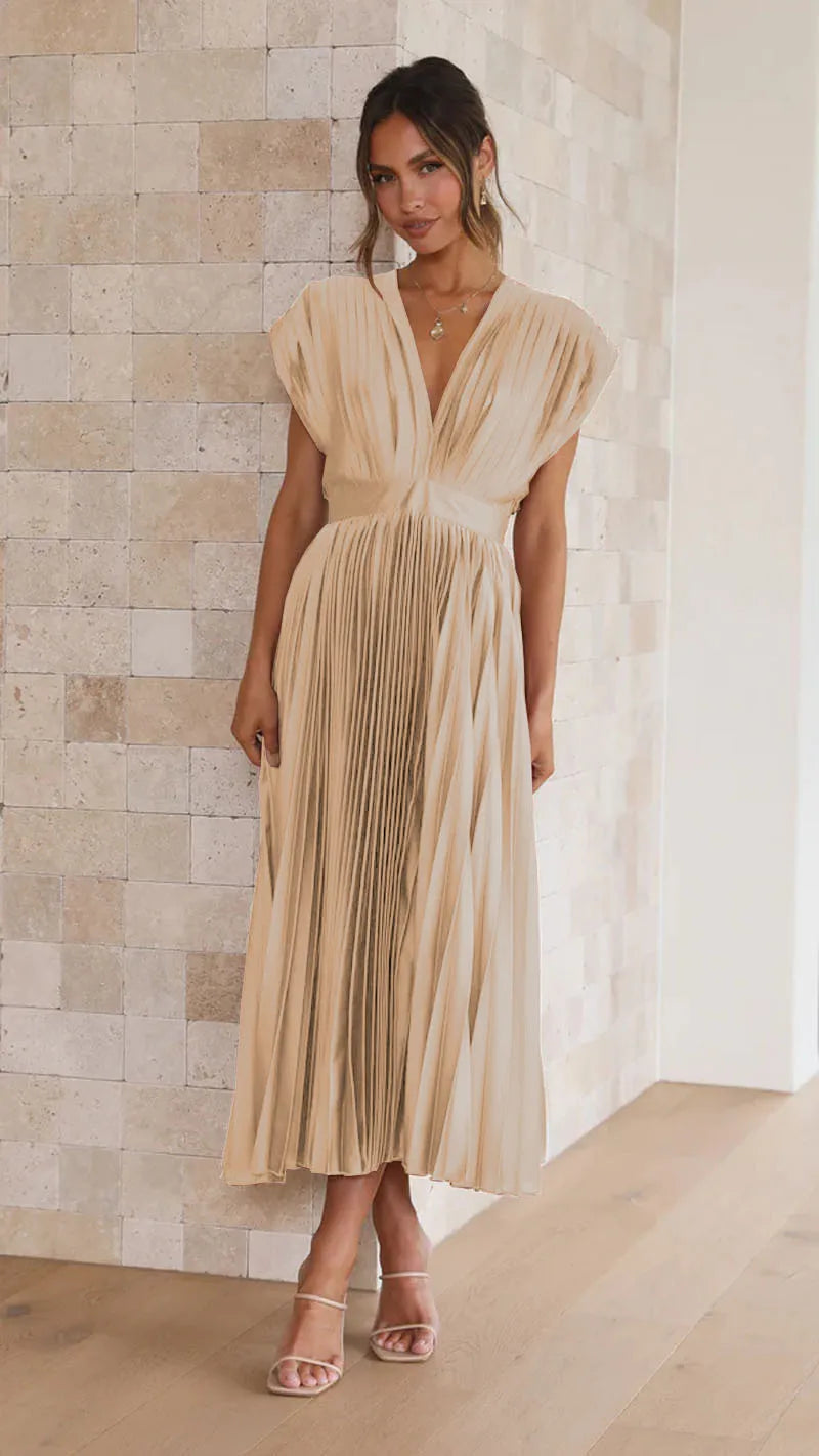 Elegance Draped V-Neck Pleated Skirt Dress 2025 Women Solid Strapless Backless Patchwork Loungewear Simple Maxi Dress
