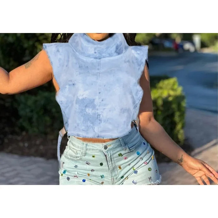 Elegant Tank Tops for Women Streetwear Summer 2025 New Cowboy Pile Collar Pullover Sleeveless Workwear High Waist Short Vest